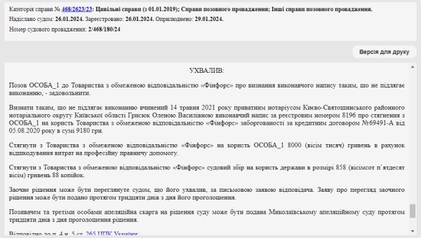 Справа № 468/2623/23: Скасували виконавчий напис нотаріуса від Фінфорс